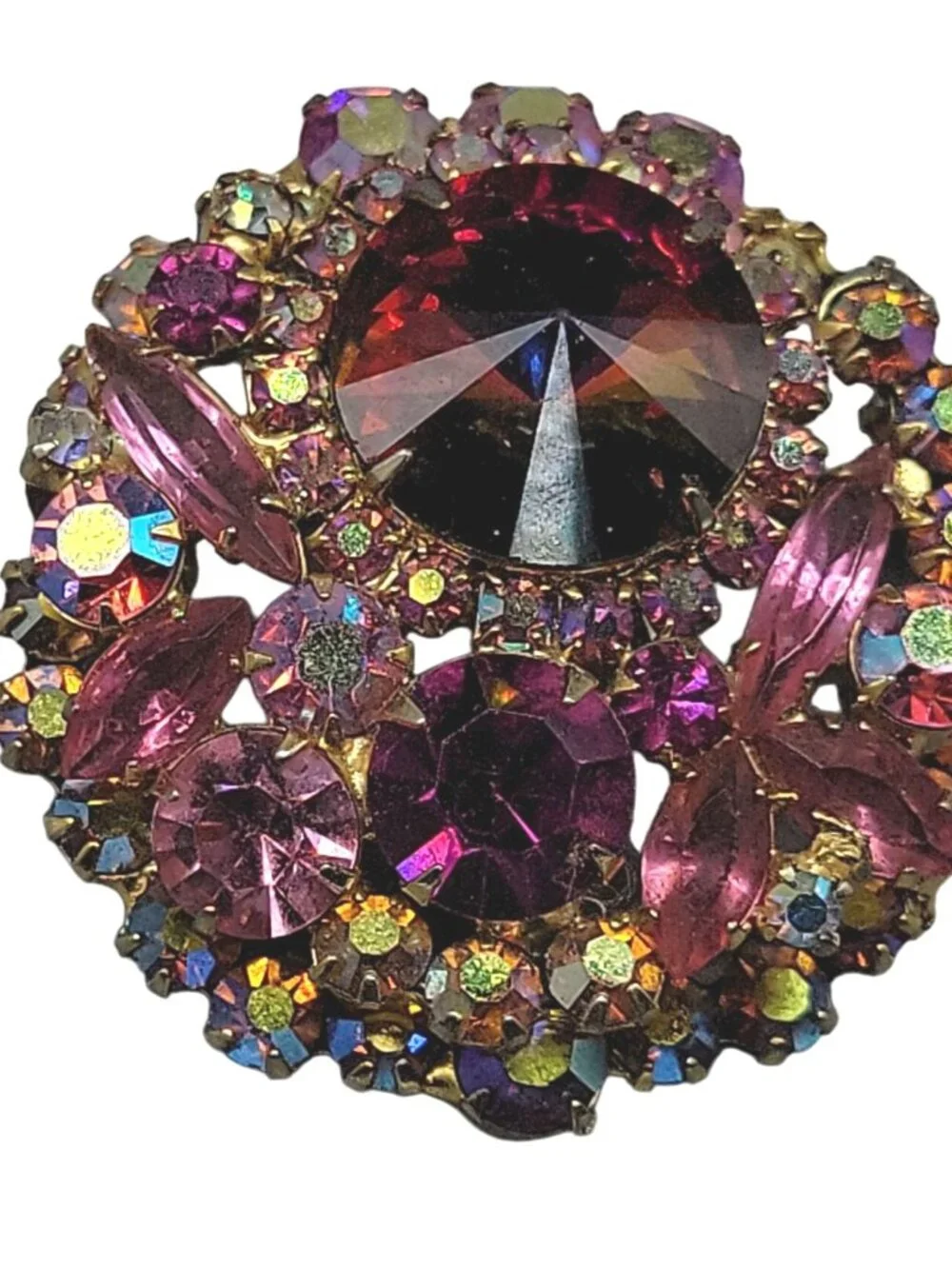 Juliana D&E Vintage Watermelon Rivoli Brooch Layered Pink Fuchsia AB Rhinestones